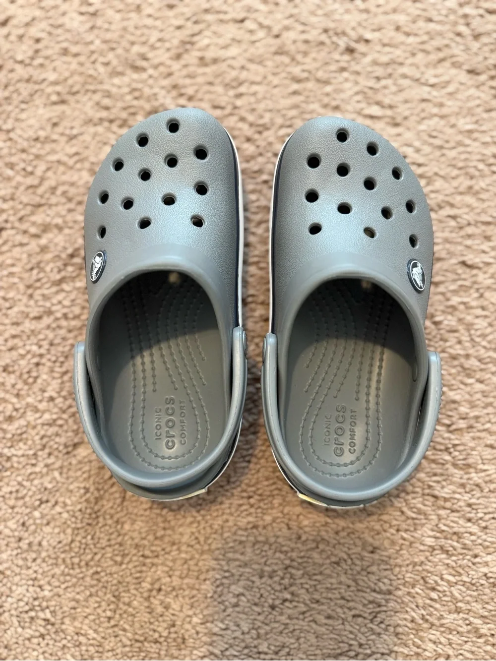 Kids Gray Crocs with Navy and White Stripes